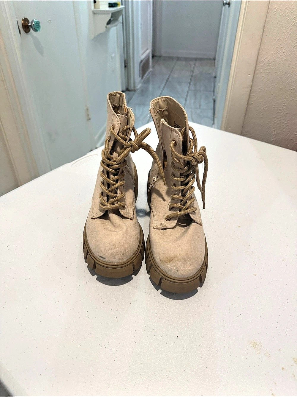 Soda Second Lug Sole Chunky Heel Combat Ankle Bootie Beige